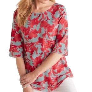 Soft Surroundings Siesta Key Tunic Top Women MED Red Aqua Layered Hem Scoop Neck